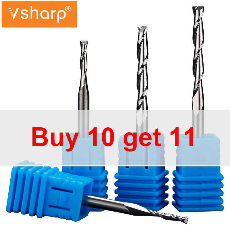 Vsharp CNC Engraving Router Bit Flat Nose End Mill 2 Two Flutes Spiral Upcut Milling Cutter Tool Carbide Bits for Wood MDF PVC