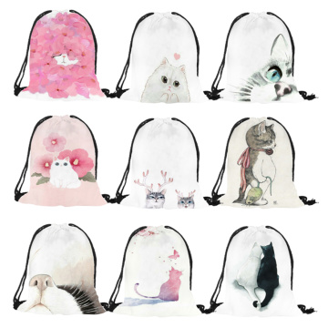 Watercolor Printed Lovely Pink Cat Kitten Handmade Drawstring Backpack Women Men Shopping Sports Casual Outdoor String Bag