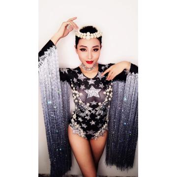 Sparkly silver Tassel Bodysuit Women Rhinestone Outfit Glisten star Dance Costume One-piece Dance Wear Singer Stage Leotard