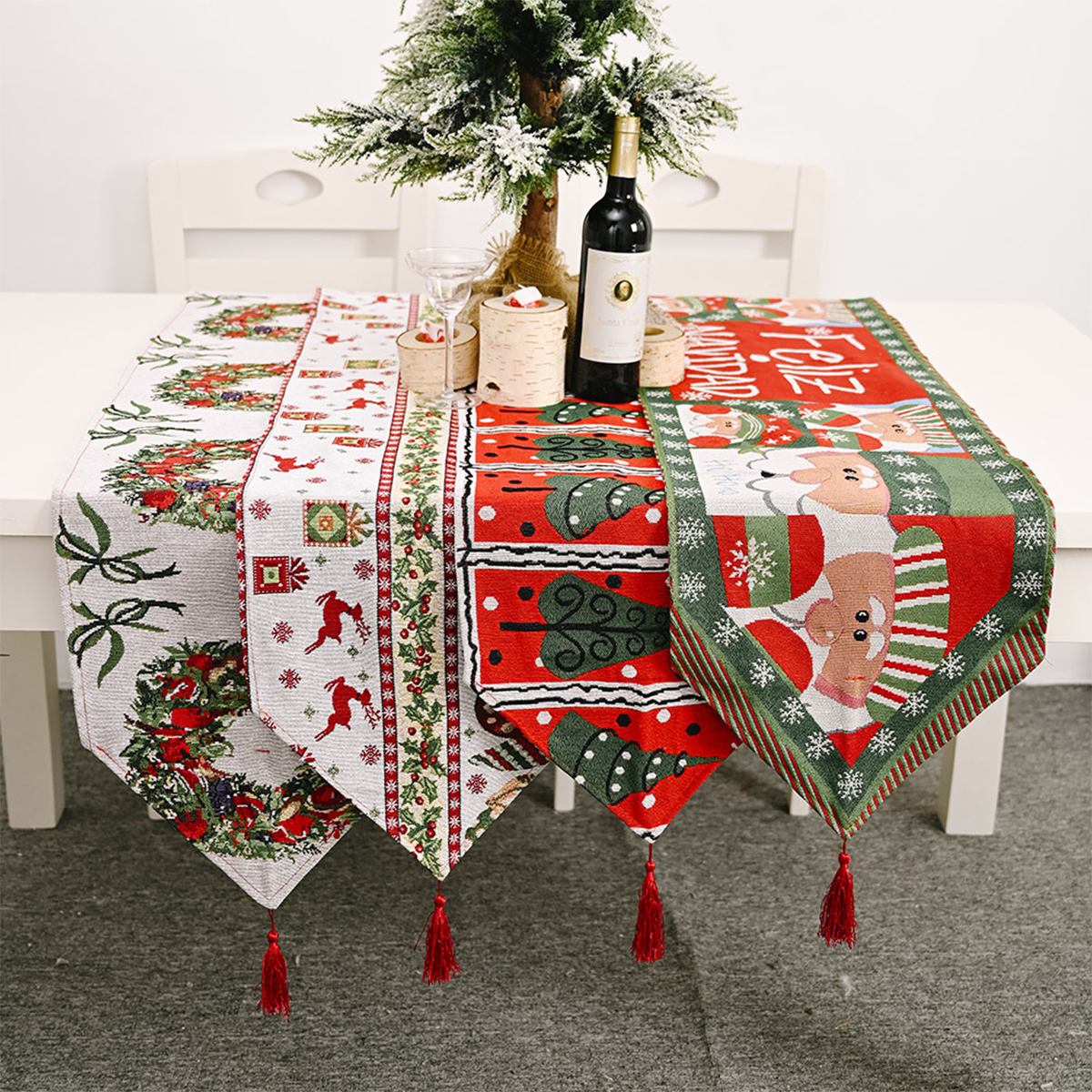 Merry Christmas Table Flag, Cute Cartoon Woven Table Runner, Holiday Santa Elk Tree Pattern Table Cover Cloth 2021 New Year