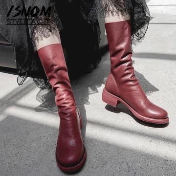 ISNOM Cow Leather Boots Women Genuine Leather Mid-Calf Boot Zip Round Toe Shoes Casual Chunky Heels Ladies Autumn Winter Boots