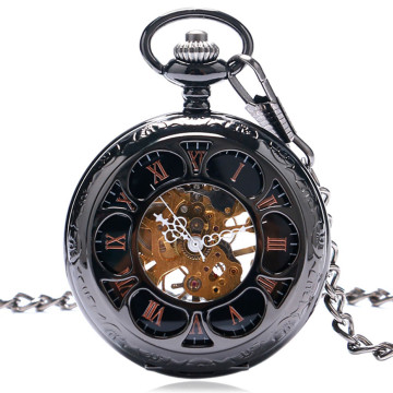 Vintage Black/Silver Semicircle Mechanical Hand Wind Pocket Watch Chain Luxury Steampunk Women Men Watches Fob Male Clock Gifts