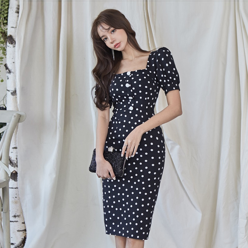 summer Women Wear to Work Bodycon dot Dress Elegant Sheath Office lady Female High Waist Dress