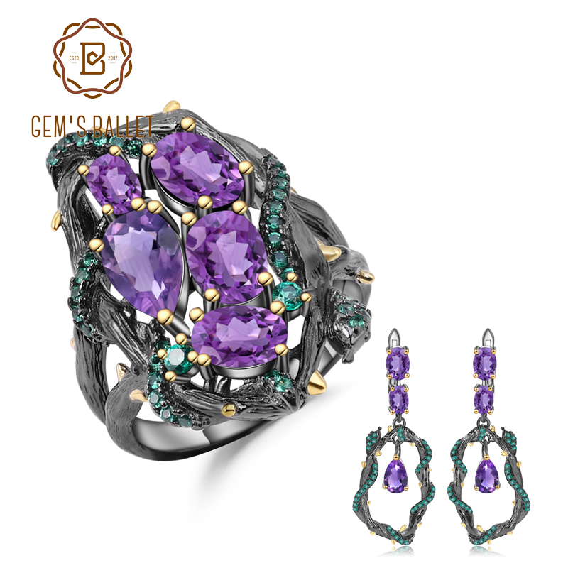 GEM'S BALLET 925 Sterling Silver Handmade Ring Earrings Sets 7.58Ct Natural Amethyst Gemstone Vintage Jewelry Set For Women