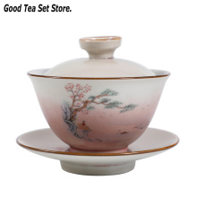4oz Ceramic Tureen Hand Painted Flower Bird Tree Tea Bowl Porcelain Gaiwan with Saucer Lid Kit Kung Fu Tea Set Gift Jingdezhen