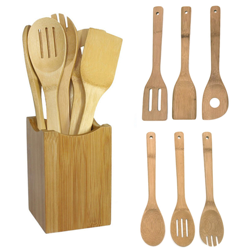 New kitchen tools 1/6pcs Bamboo Spoon Spatula Kitchen Utensil Wooden Cooking Tool Mixing Set ( stand not included)