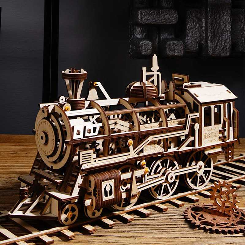 Robotime Train Model 3D Wooden Puzzle Game Locomotive Assembly Model Building Kit Movable Mechanical Gear Toy for Children LK701