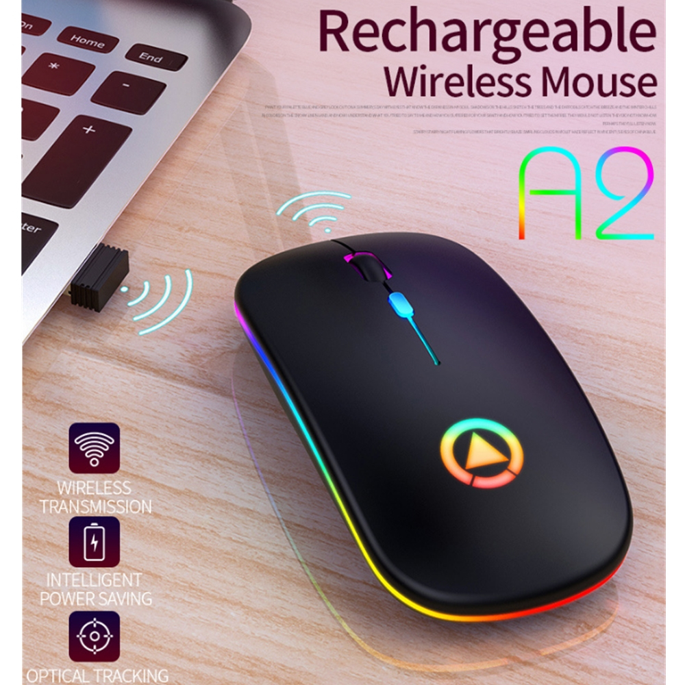 A2 Slim Mini Wireless Bluetooth Mouse Rechargeable Silent LED Backlit Mice 2.4GHz USB Adjustable DIP Optical Mouse