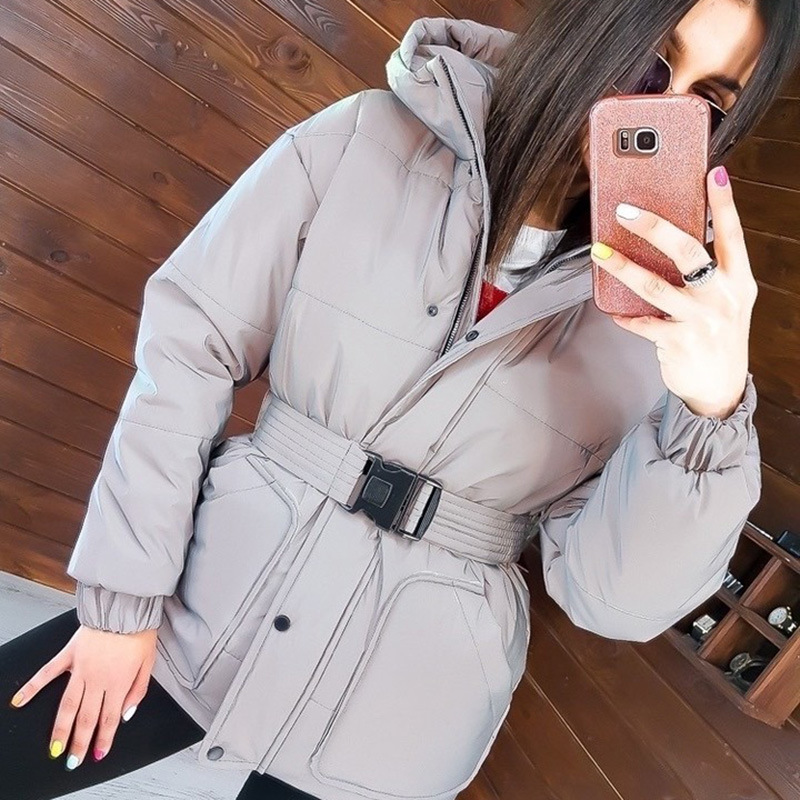 Light Reflective Jacket Women Winter Parkas 2021 Hooded Warm Coat with Belt Trend Fashion Female Clothing Gray Doudoune Femme
