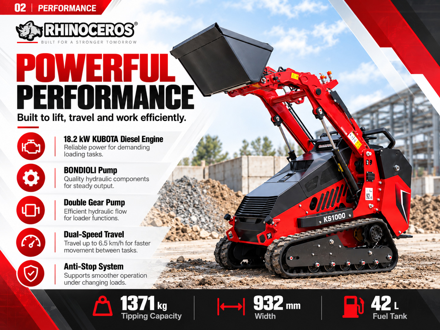 RHINOCEROS KS1000 compact track loader with Kubota diesel power