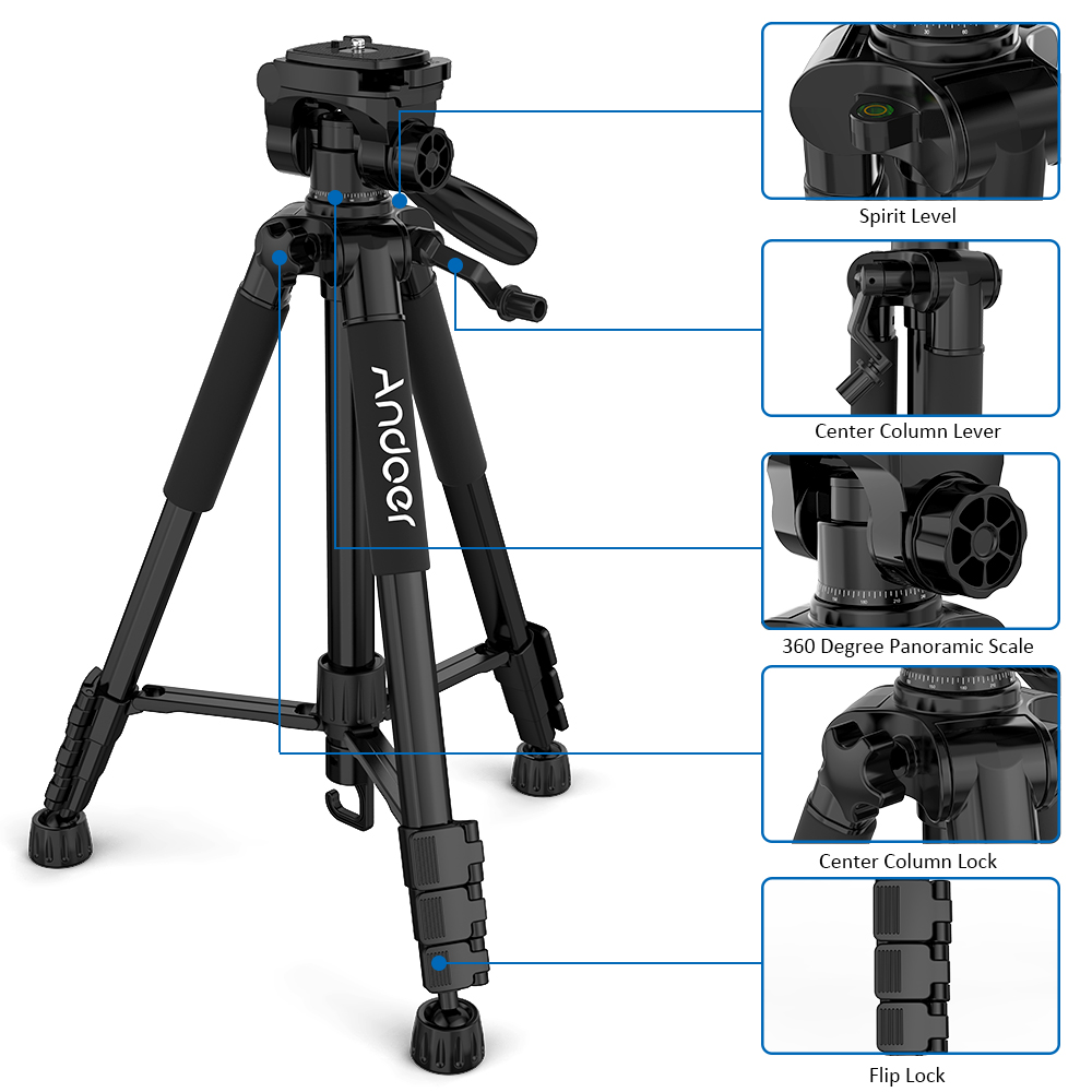 Andoer TTT-663N Travel Camera Tripod for Photography Video Shooting DSLR SLR Camcorder with Carry Bag Phone Clamp Camera Tripod