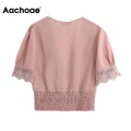 Aachoae Women Elegant Lace Patchwork Blouses Deep V Neck Pink Cotton Crop Top Shirt Puff Short Sleeve Vintage Summer Blouse 2020