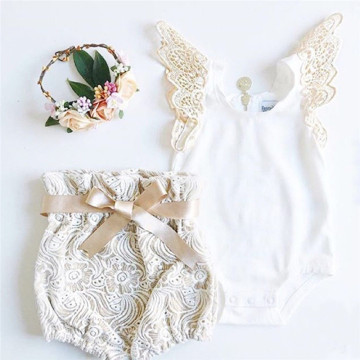 Cute Newborn Baby Girls Fly Sleeve White Bodysuit Tops Lace Flower Shorts 2PCS Outfits Princess Girls Summer Holiday Clothing