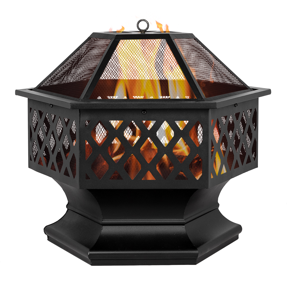 Portable Courtyard Metal Fire Pit 24" Hexagonal Shaped Iron Brazier Wood Burning Fire Pit Decoration for Backyard Poolside