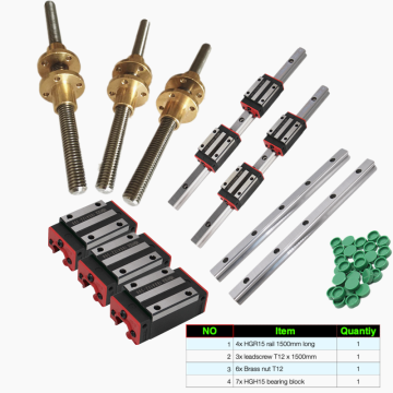 CNC machine Kit 4x HGR15 linear rail 1500mm long + 7x HGH15 bearing block+ 3x leadscrew T12 x 1500mm 12mm lead+6x Brass nut T12