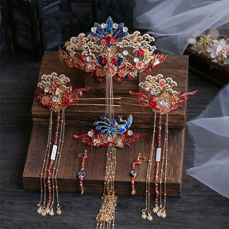 HIMSTORY High-end Traditional Chinese Style Bridal Headwear Retro Phoenix Princess Hairpins Wedding Hair Accessories