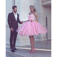 Pink Homecoming Dresses A-line Sweetheart Knee Length Tulle Lace Beaded Elegant Cocktail Dresses