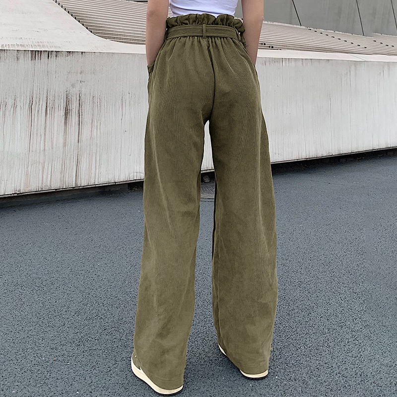 Corduroy Loose Casual Wide-leg Sashes Women's pants High Waist fashion Cool girls Fresh Olive Green Streetwear Pants