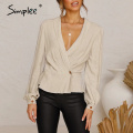 Simplee Sexy solid deep V Cotton women blouse shirt summer Long sleeveless top blouse summer casual office Streetwear blouse