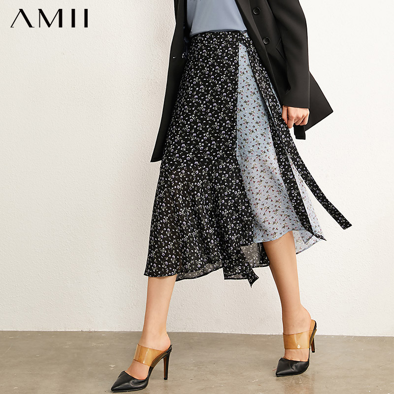 AMII Minimalism Autumn Vintage Spliced Women Skirt High Waist Belt Aline Women Skirt Fashion Printed Loose Female Skirt 12040975