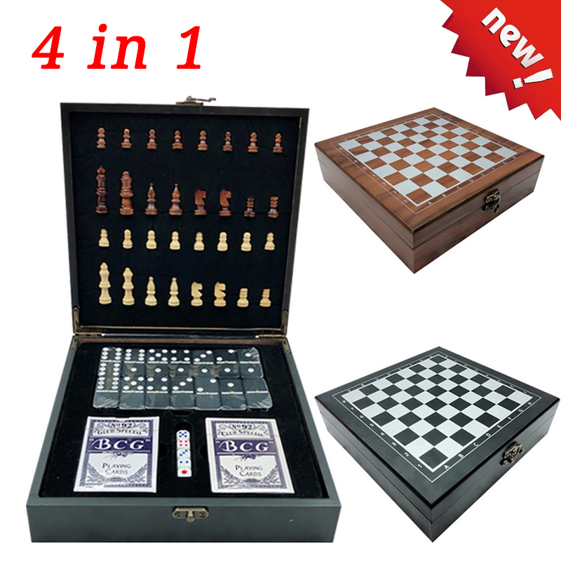 4 in 1 Foldable Wooden Chess Board Set Travel Games Chess Backgammon Checkers Toy Chessmen Entertainment Game Board Toys Gift