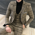 3 Piece Suits Men British Latest Coat Pant Designs Brown Navy Mens Suit Autumn Winter Thick Plaid Business Suit