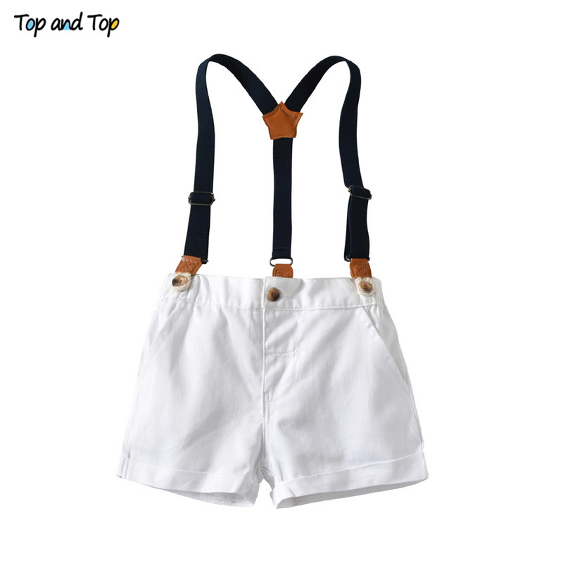 Top and Top Fashion Kids Baby Boys Summer Gentleman Bowtie Shirt Top+Suspenders Shorts Clothes Set Roupa Infantil Menino