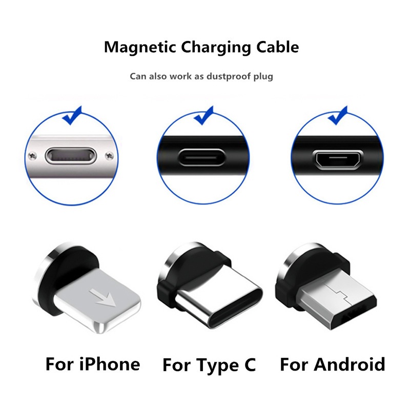 3PCS Magnetic Plug 2 Pin Magnetic Charging Cable Adapter Micro USB Type C Magnet Charge Connector Dust Plugs Android Phone Cord