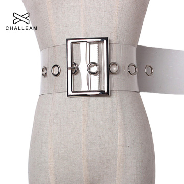 Fashion Women Transparent Wide Belt Female PVC Clear Belts For Dress Ladies Metal Pin Buckle Summer White Big Grommet Strap 223