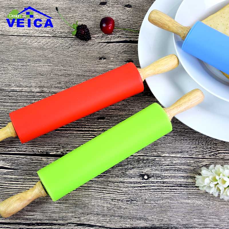 High Quality Home Decoration Kitichen Cooking Tools Wood Handle Colorful Fondant Silicone Rolling Pin