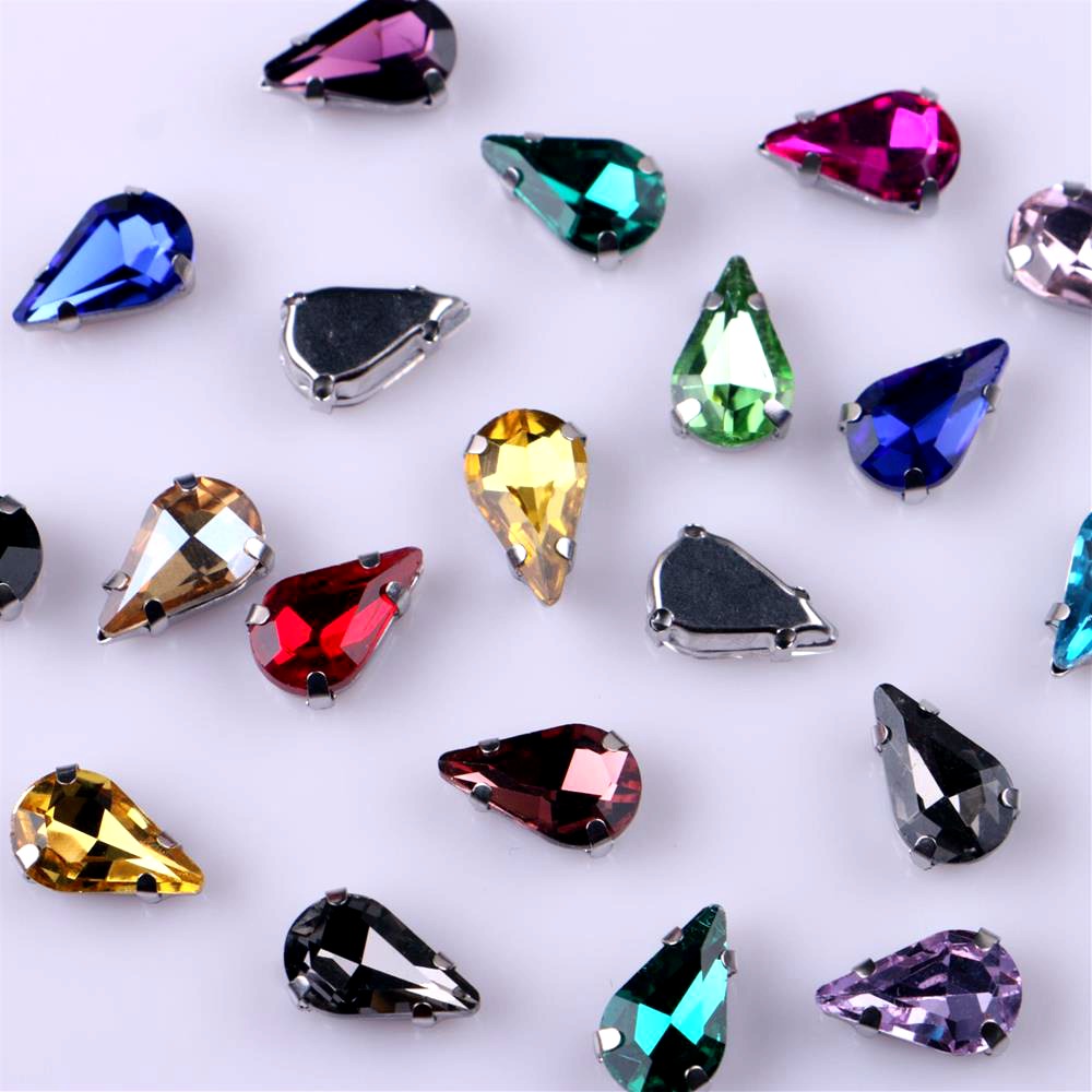 Narrow Teardrop Shape Glass Rhinestones With Claw Sew On Crystal Stone Strass Diamond Metal Base Buckle 20 pcs/pack