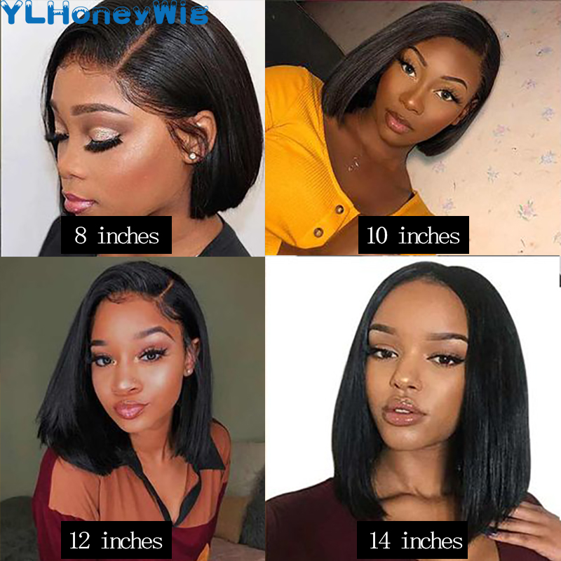 YLHoney 4x4 Lace Front Short Bob Human Hair Wigs Pre-Plucked Brazilian Straight Human Hair Wigs 150% Density Remy wig 8-14"