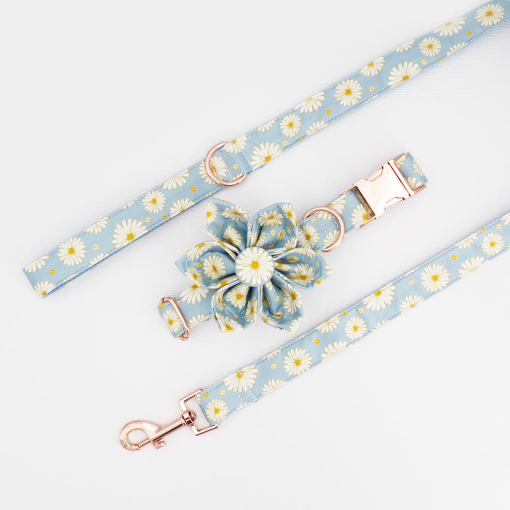 Blue Daisy dog collar dog flower and leash set for pet dog cat with rose gold metal buckle