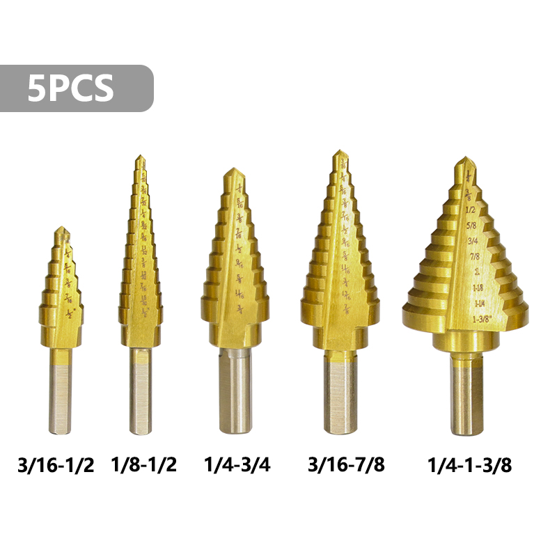 XCAN 5pcs HSS Titanuim Straight Flute Step Drill Bit Set Pagoda Shape Hole Cutter in Aluminum Case Core Drill Bit