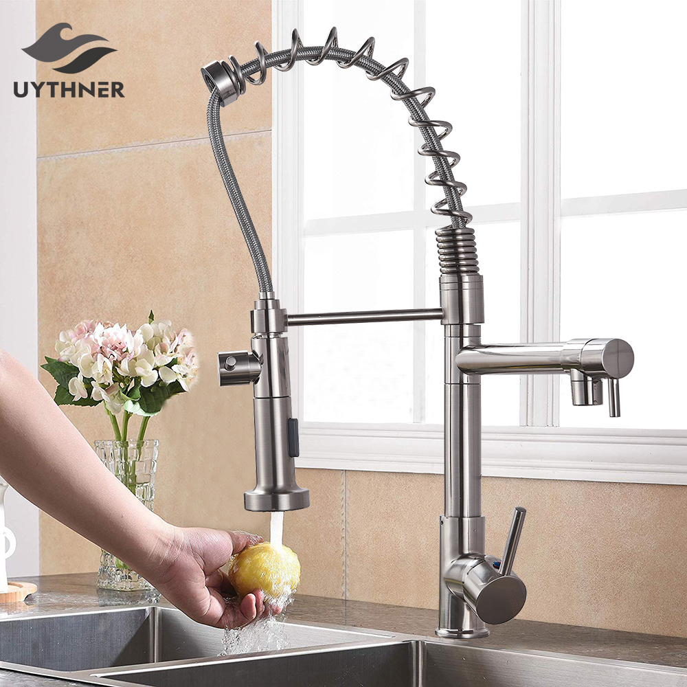 Uythner Brushed Nickle Basin Kitchen Faucet Pull Out Dual Spouts Spring Brass Kitchen Faucet Hot and Cold Mixer Tap Deck Mounted