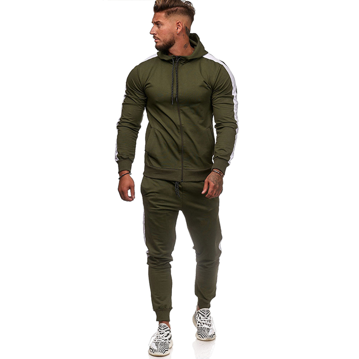 Men's Color Block Tracksuit Sets Long Sleeve Zipper Hooded Sweatshirt + Running Jogging Pant Athletic Clothes