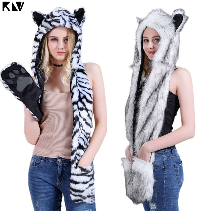 3 In 1 Women Men Fluffy Plush Animal Wolf Leopard Hood Scarf Hat with Paws Mittens Gloves Thicken Winter Warm Earflap Bomber Cap