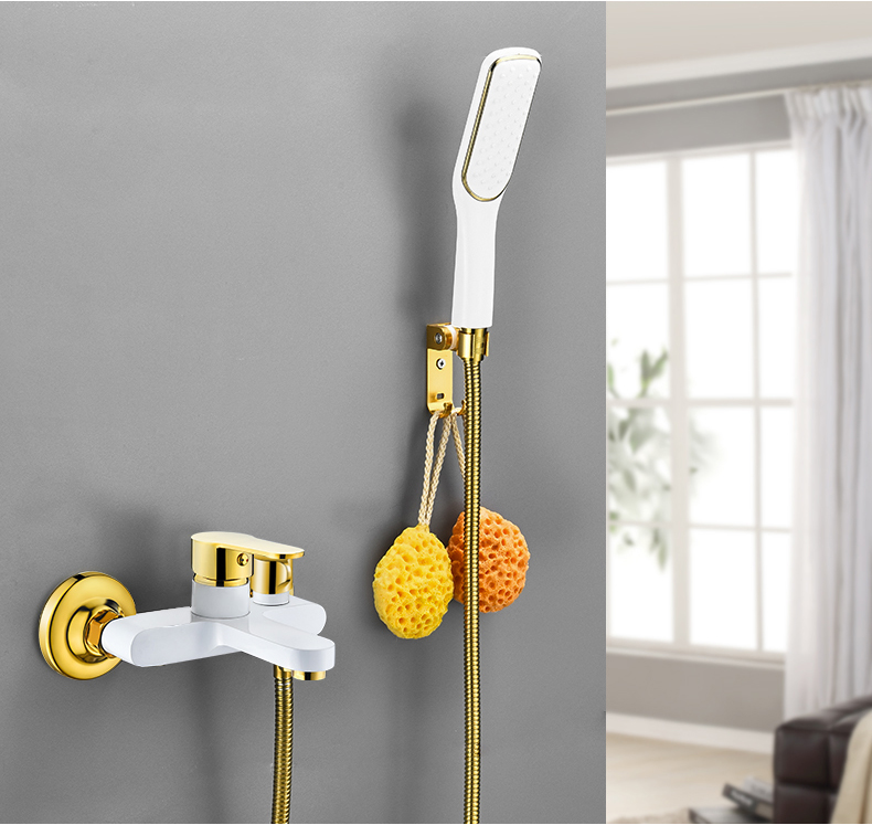 Bathtub Shower Set Wall Mounted Gold and White Bathtub Faucet, Bathroom Black gold Cold and Hot Bath and Shower Mixer Taps Brass