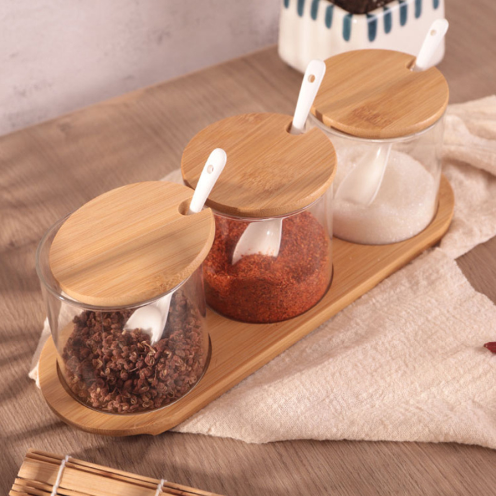 Creative Bamboo Cover Glass Seasoning Jar Set Sugar Bowl Salt Pepper Spice Transparent Kitchen Storage Container