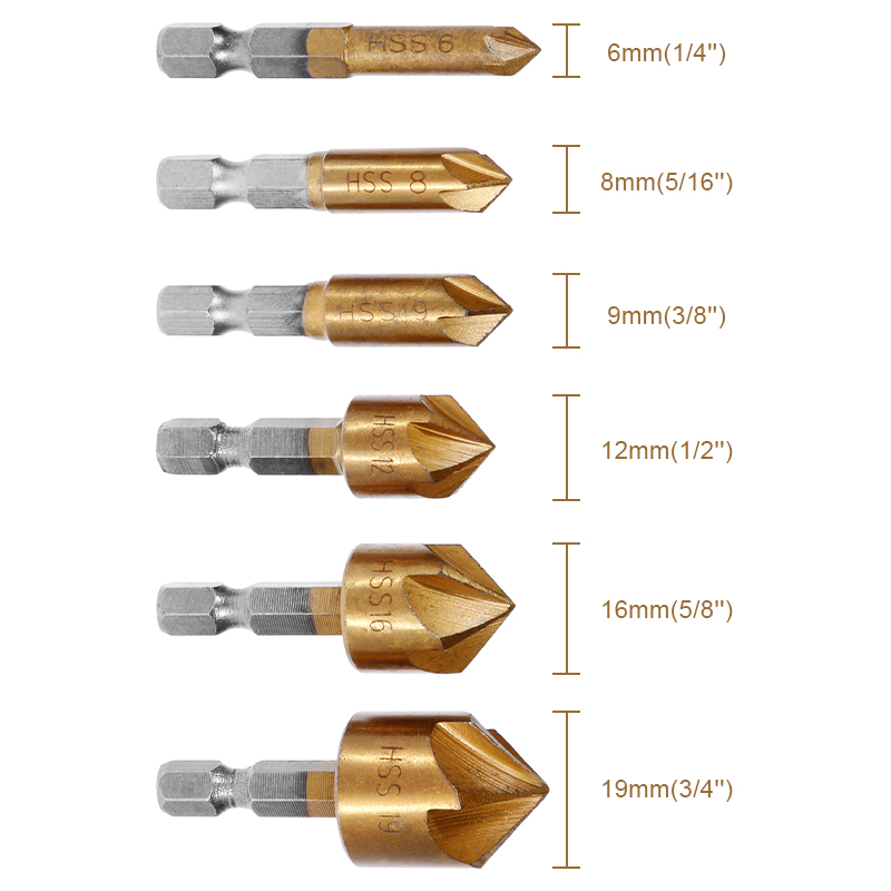Vastar 6 Pcs Countersink Drill Bit Set 1/4'' Hex Shank HSS 5 Flute Countersink 90 Degree Wood Chamfering Cutter Chamfer 6mm-19mm