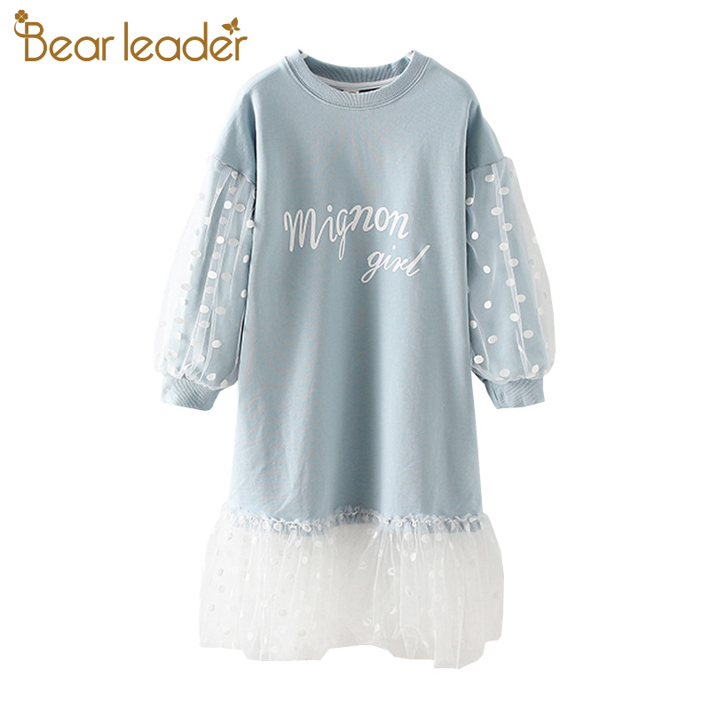 Bear Leader 4-13 Years Children Autumn Thin Clothing Girl Puff Sleeve Mesh Patchwork Dress Teenager Girls Letter Princess Dress