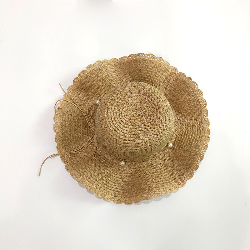 Straw Hat Summer Dome Seaside Pearl Wide Side Panamanian style Vacation Folding Wavy Side Sun Hat Casual Beach Hat Women