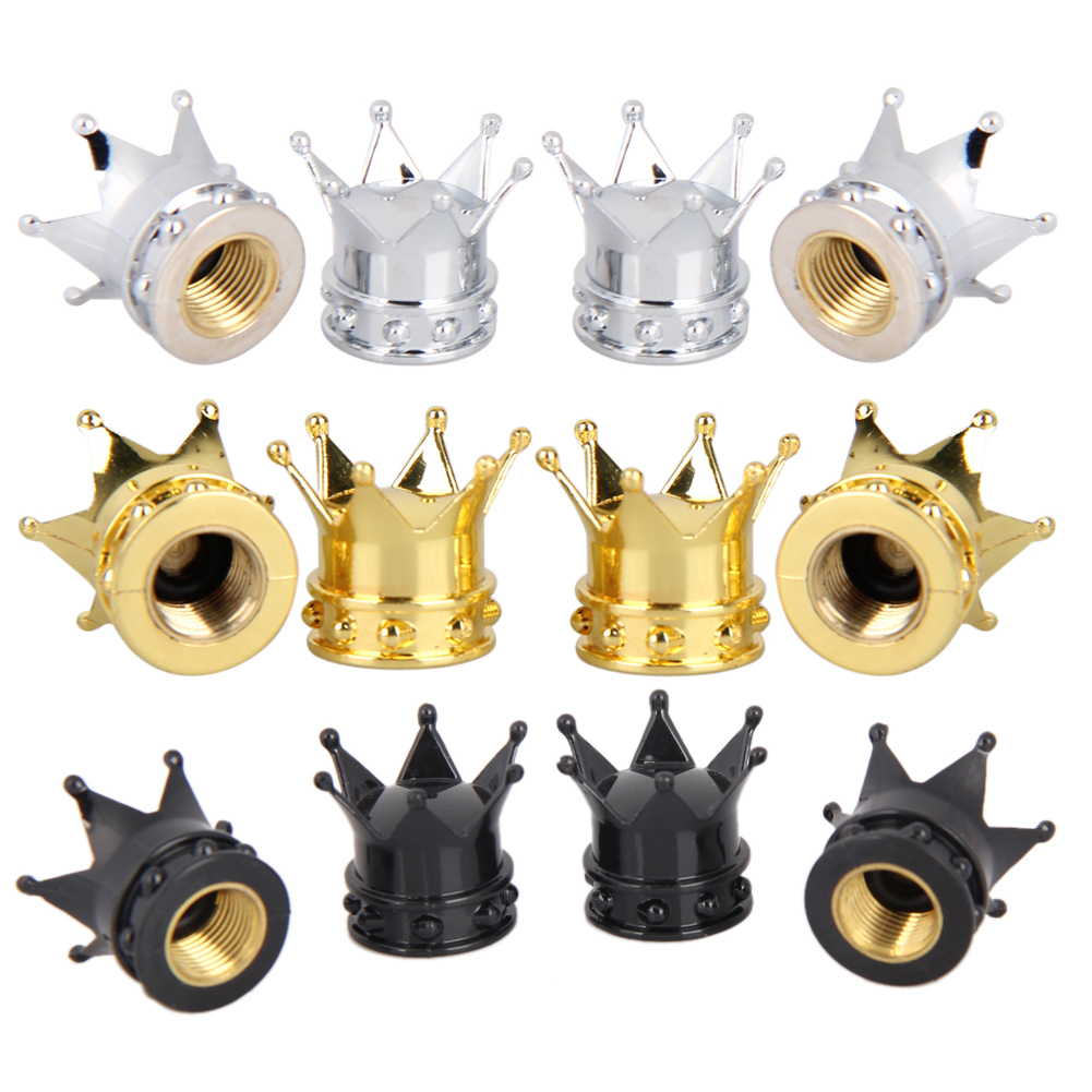 4PCS Bicycle Tire Valve Caps Universal Dustproof Gold Crown Tyre Wheel Stem Air Valve Caps Tire Valve Auto Truck Bike