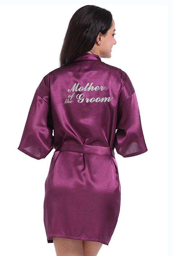 new purple robe silver writing mother of the groom robes wedding Short Bride kimono bridesmaid satin robe drop shipping