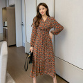 fall and winter floral chiffon dress retro long sleeve v neck woman dress with lace up slim waist female vestidos