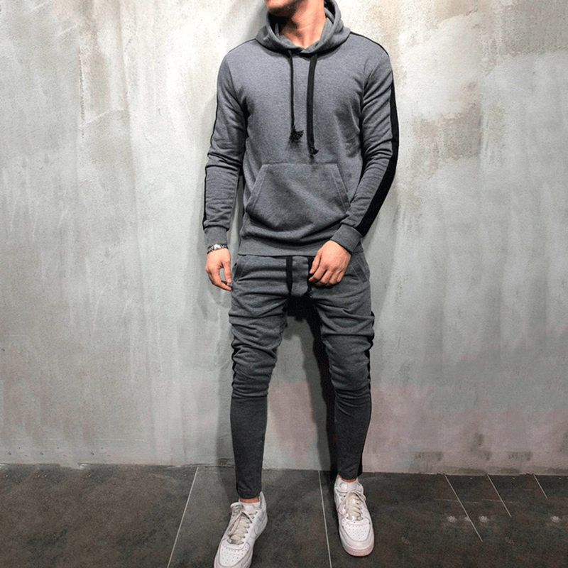 2 Pieces Sets Tracksuit Men Brand Autumn Hooded Sweatshirt +Drawstring Pants Long Male Stripe Patchwork Hoodies Suit