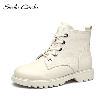 Smile Circle Ankle Boots Women Genuine Leather Flat platform shoes Autumn Round toe boots Comfortable short boots