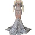 Sparkly Sequins Nude Dress Sexy Full Stones Long Big Tail Dress Costume Prom Birthday Celebrate Dresses Drag queen colthing