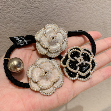 Camellia Vintage Crystal Elastic Hair Bands Black White Flower Pearl Designed Gem Hair Accessories For Women Hair Tie Scrunchies