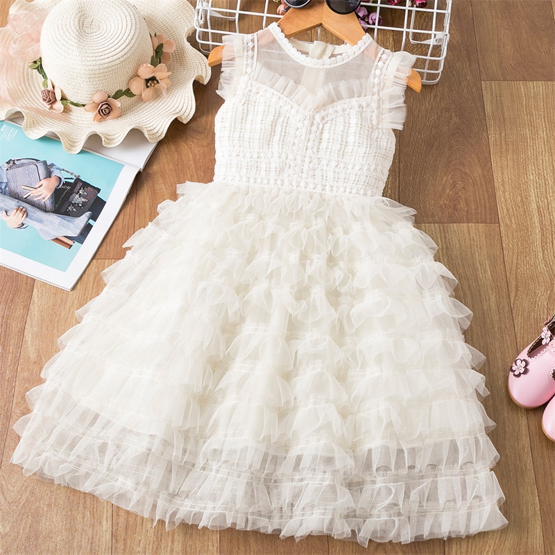 3-8Y Summer Beige Sleeveless Girls Dress Sequins Gradient Kids Princess Party Dress Tulle Ceremony Prom Gown Children Clothes